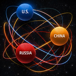 Infographic depicting instability of a nuclear three-body problem between USA, Russia and China