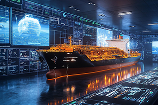 Depiction of futuristic maritime control room with giant screens and holographic image of freighter