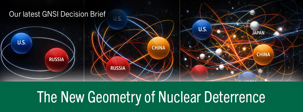 Orbital depiction of the 3 vs 9 body problem of nuclear deterrence with overlaid text: The New Geometry of Nuclear Deterrence