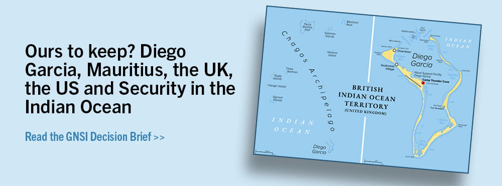 Map of the Chagos archipelago and the Diego Garcia military base with overlaid text: Ours to Keep? Diego Garcia, Maritius, the UK, the US and Security in the Indian Ocean
