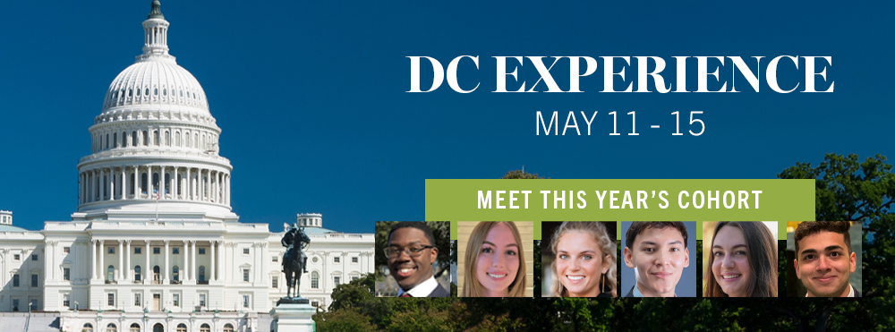 Capital building in Washington DC with smaller photos of students selected for DC Experience