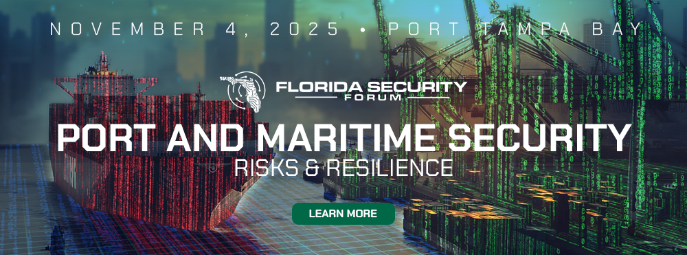 Logo for the Florida Security Forum and promotional artwork for the Port and Maritime Security Conference to be held November 4, 2025 at Port Tampa Bay