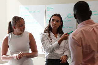 Group of students working on research in front of a white board.