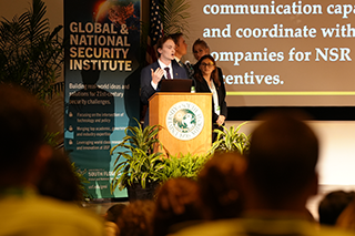 Students presentng on stage at the first USF Undergraduate Strategy Competition
