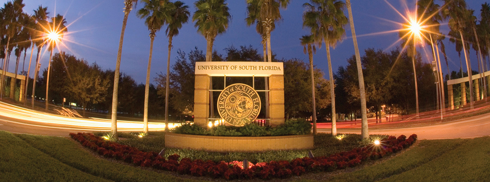 Picture of the USF entrance at dusk.