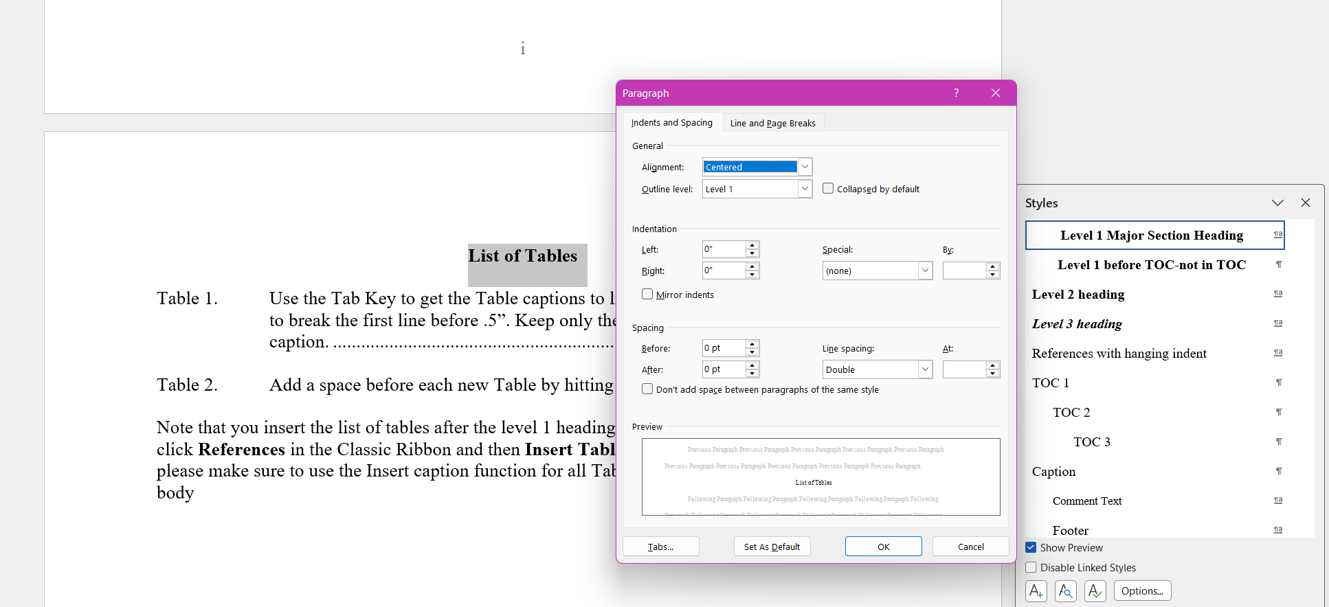 Header example on top of Word page