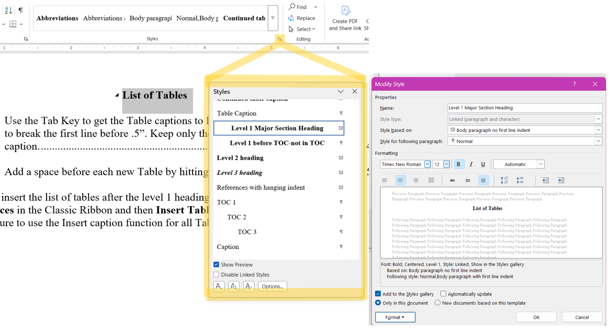 How to modify Styles in Word, accessing menu
