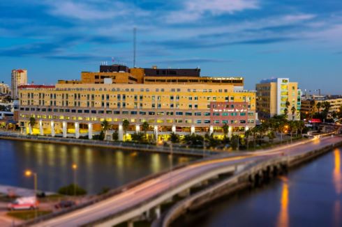 Photo of Tampa General Hospital and USF Health South Tampa Center at dusk