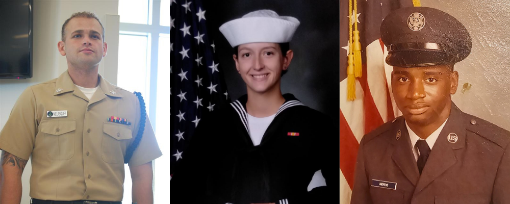 Erik Valasquez, Kayla Steen and Michael Andres in military dress