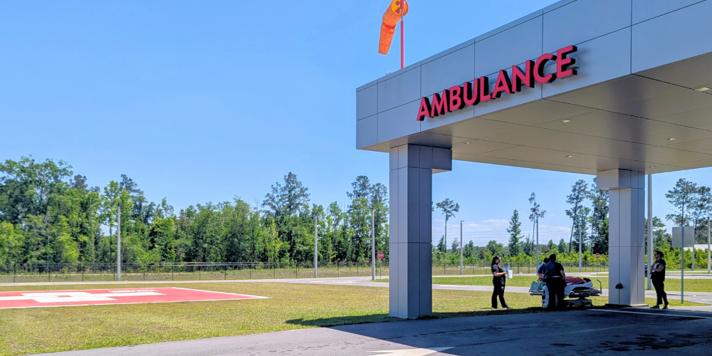 Ambulance entrance wih training mannequin prepared