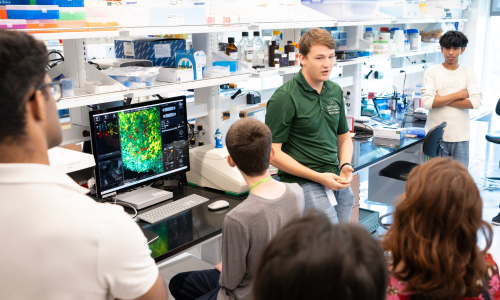 Lab worker showing students computer model