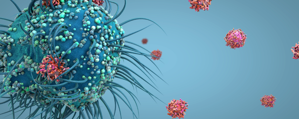 Illustration of a cancer cell surrounded by smaller immune cells in a microscopic scientific visualization.