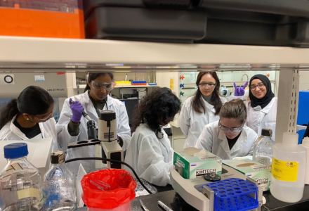 Markoutsa with students, preparing nanoparticles