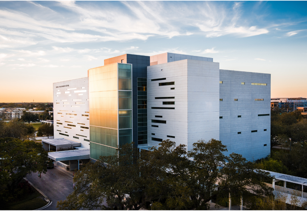 The Morsani Center for Advanced Healthcare at sunset