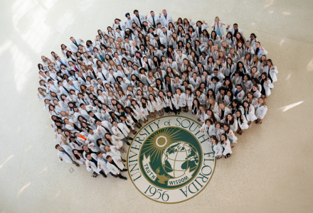 247 undergraduate nursing students standing around the USF seal