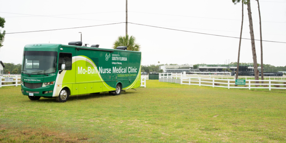The MoBull Nurse Medical Clinic parked behind the Tampa Bay Downs racetrack.