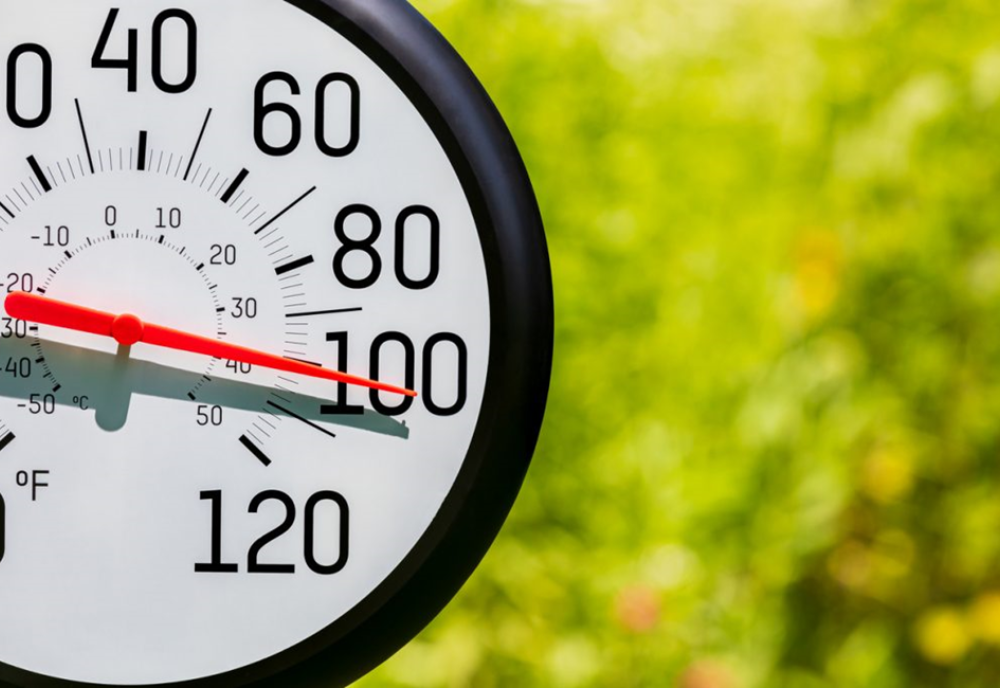 Close-up photo of an outdoor thermometer with its red needle indicating a temperature of one hundred degrees outside.