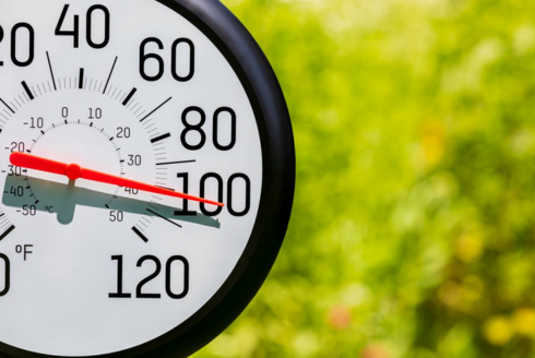 Close-up photo of an outdoor thermometer with its red needle indicating a temperature of one hundred degrees outside.