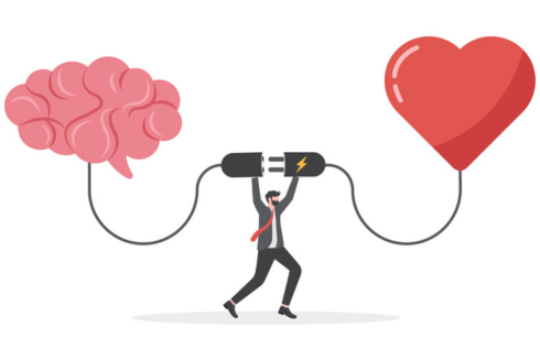 Emotional Intelligence, EI or control feeling and emotion with logical thinking brain, empathy or social skill, self control or balance concept, man connect heart feeling with logical thinking brain.