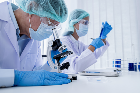 researchers looking through microscopes