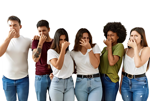a group of people holding their nose from a bad smell