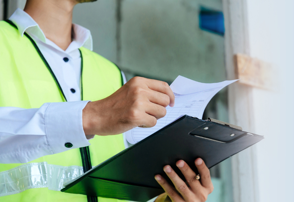 Inspector in green reflective jacket reviewing document and inspecting with clipboard at construction site building.
