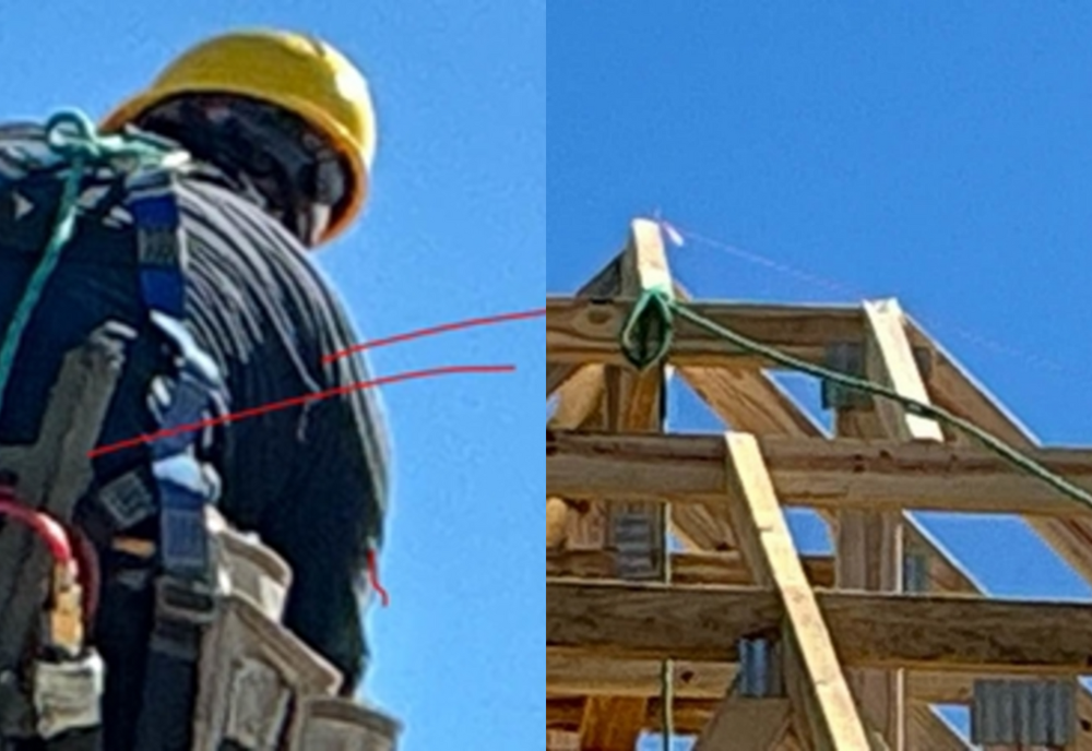 An employee was seen working on a residential roof truss over 6 feet high without proper fall protection. He had tied a rope to the D-ring on his harness and secured the other end to a roof truss.