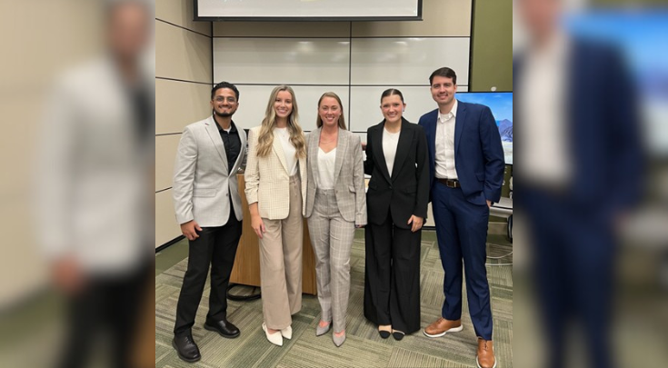 Will Steed, far right, during his time as a student at the COPH with fellow members of the Healthcare Management Student Association Board after they hosted a guest speaker event. Steed served as treasurer for the organization in 2024-2025.