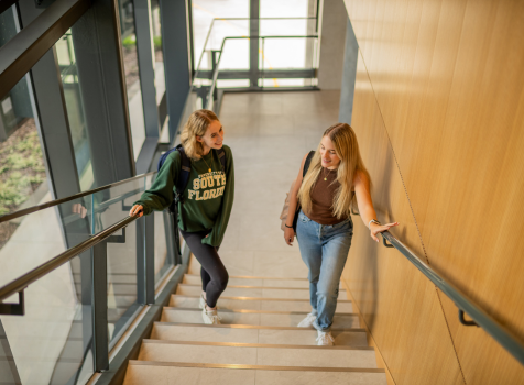 Two honors students walk up the grand stair case in the new Judy Genshaft Honors College builidng