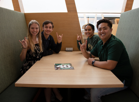 Three Honors students hold up a "go Bulls" sign while sitting in a learning loft at the Honors College