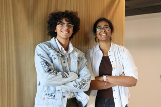 Honors Peer Mentor Leads Joseph Ambrosino and Tanmayee Kanagala smile side by side for a photo.