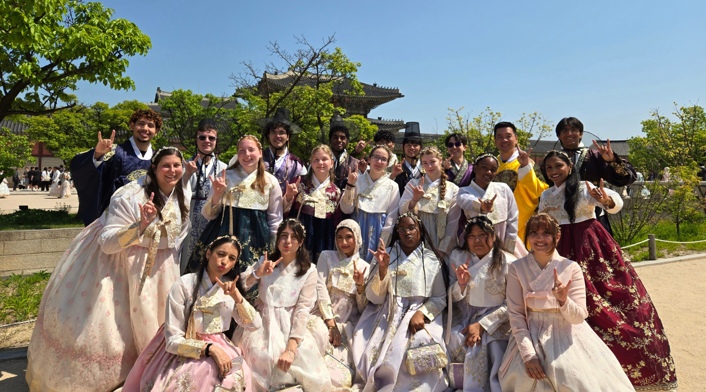 Honors students pose in their hambok while in South Korea.