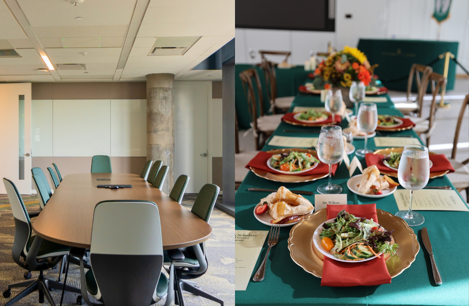 Two panel image with conference room on left and tablescape on right