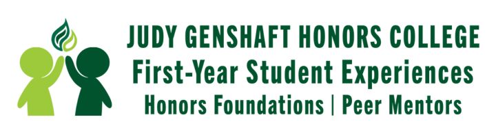 Graphic: two figures in green high-fiving with the JGHC torch logo above their hands, Text: Judy Genshaft Honors College / First-Year Student Experience / Honors Foundations | Peer Mentors