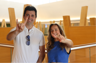 Frank Nunez and Mira Stimac show their bull pride on the fifth floor of the Honors College.