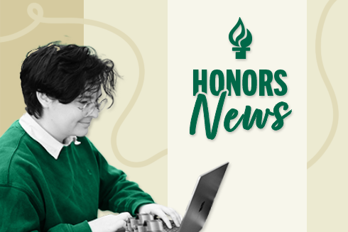 Image linking to the Honors News site, featuring a seated student working on their laptop next to Honors News graphic.