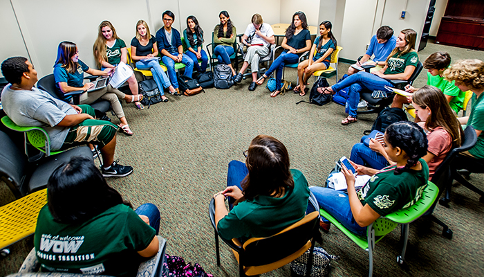 Peer Mentors leading class at orientation.