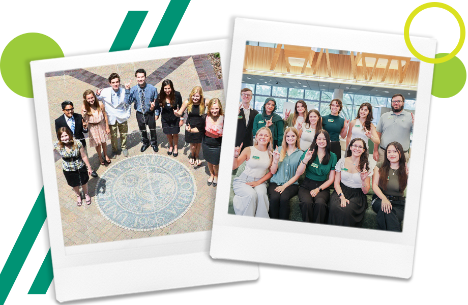 Image linking to the Honors Student Leaders news story, contains two polaroid style photos - one of Honors student council leaders from ~2015 at John and Grace Allen building and one from 2025 Honors student council leaders in Judy Genshaft Honors College building