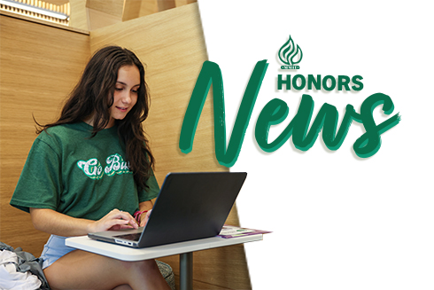 A student sits while working on their computer next to a Judy Genshaft Honors College news graphic