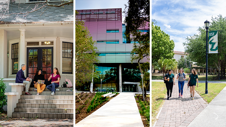 Three-panel image of the USF St. Petersburg, Tamapa and Sarasota-Manatee campuses