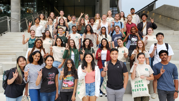 Judy Genshaft Honors College peer mentors pose outside the Tampa Honors building