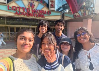 Selfie-style image of Judy Genshaft Honors College students in South Korea linking to South Korea Beyond the Classroom study abroad page.