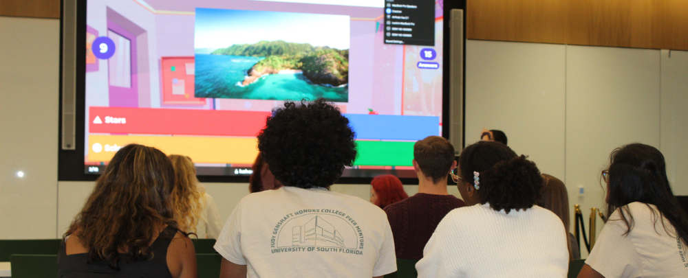 Students play a game of international themed trivia.