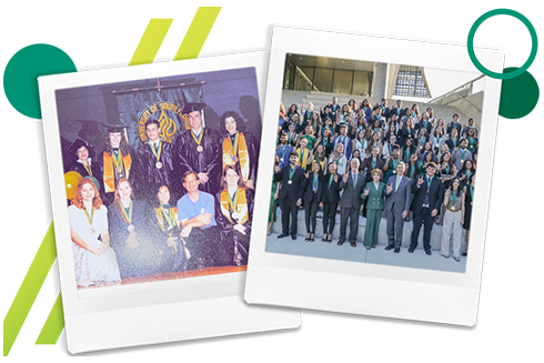 Image linking to the USF 70 site, contains two polaroid style photos - one from an early Honors graduation seven students and the dean and one from a recent Honors graduation with nearly 90 students outside the Honors amphitheater steps.