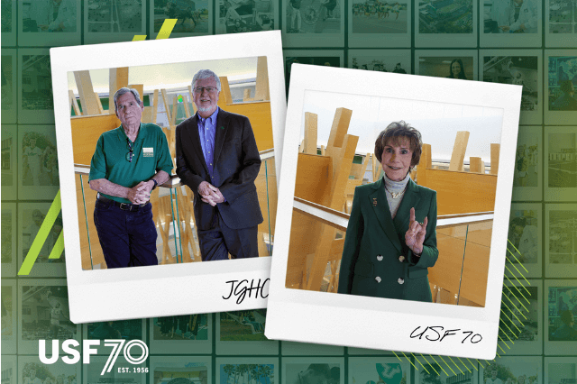 two polaroid graphic: Left: Stuart Silverman and Charles Adams, Right: Judy Genshaft