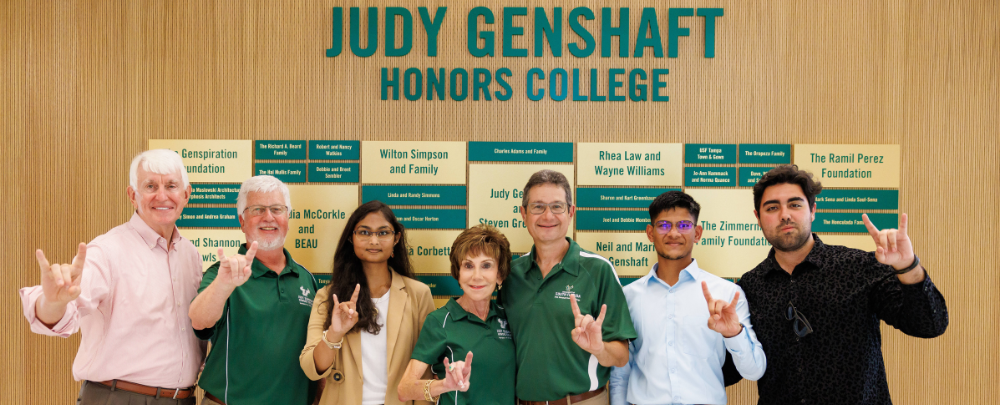University and Honors College leadership smile alongside President Emerita Genshaft and Mr. Greenbaum.