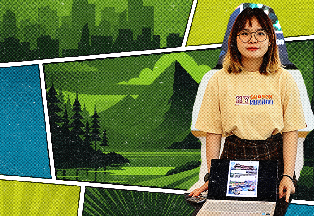 Colorful anime stylized graphic featuring a Judy Genshaft Honors College student presenting their AI generated work for the Electric Lit class
