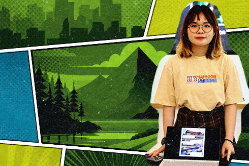Colorful anime stylized graphic featuring a Judy Genshaft Honors College student presenting their AI generated work for the Electric Lit class
