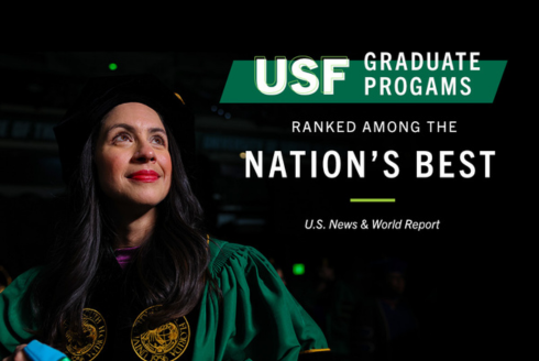 Graphic with USF graduate in their cap and gown.