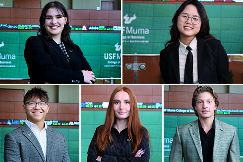 5 panel image of five Honors students given the title of Muma's 25 Under 25 in 2025, (top left: Emile Leyva, top right: Minh Ha Pham, bottom left: Jacob Park, bottom middle: Rylee King, bottom right: Joshua Streitmatter)